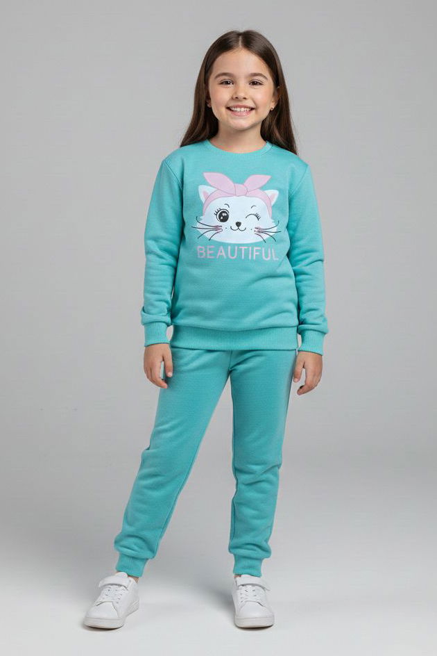 Kız Çocuk Mint Baskılı Eşofman Takımı - 28175-MINT - TOFİSA