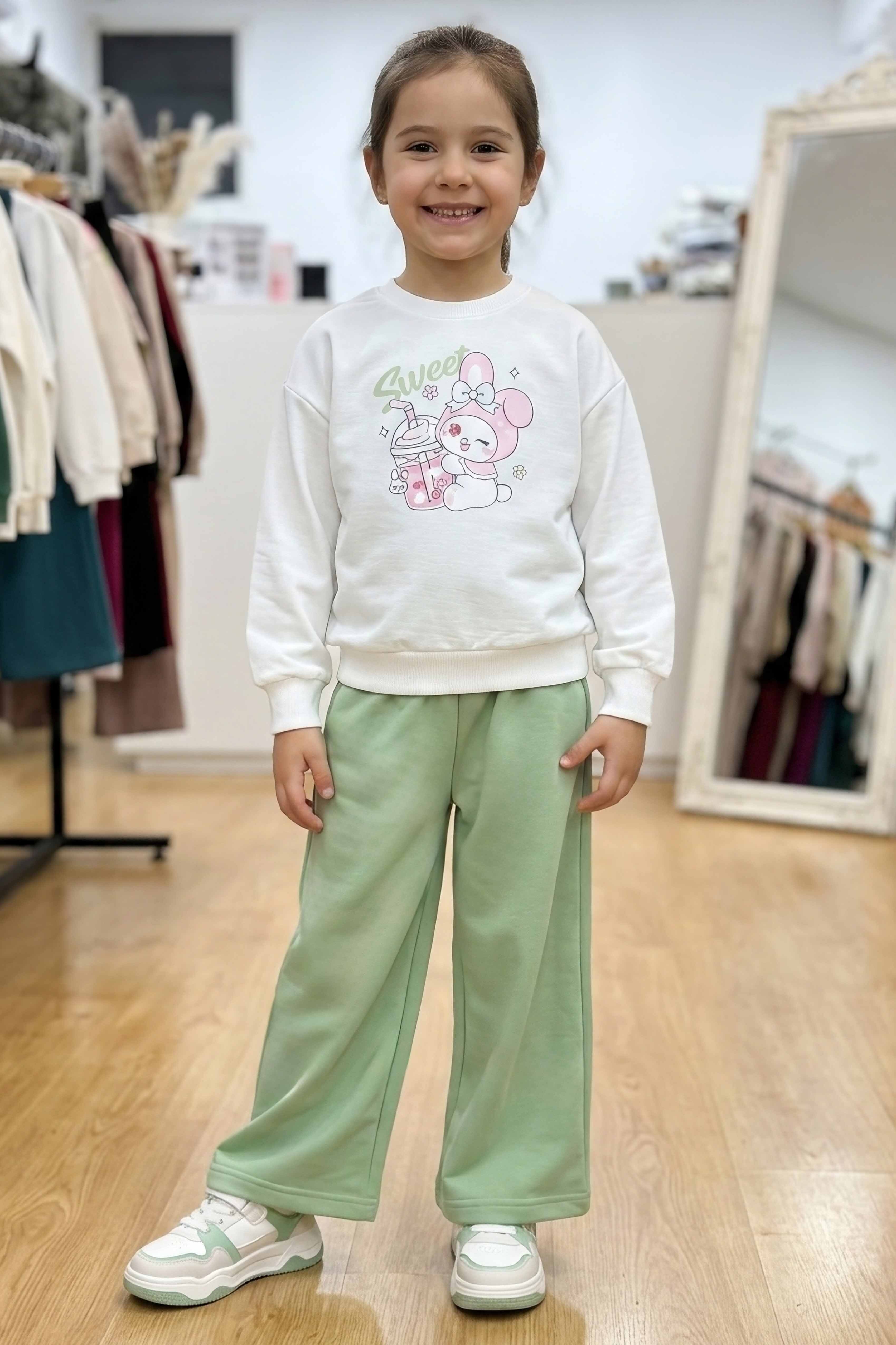 Kız Çocuk Mint Baskılı Pijama Takımı - 28305-MINT - 1