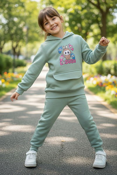 Kız Çocuk Mint Baskılı Üç iplik Eşofman Takımı - 28153-MINT 