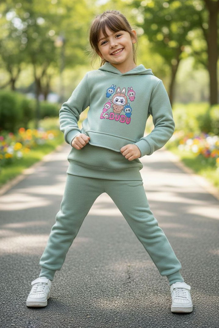 Kız Çocuk Mint Baskılı Üç iplik Eşofman Takımı - 28153-MINT - 2