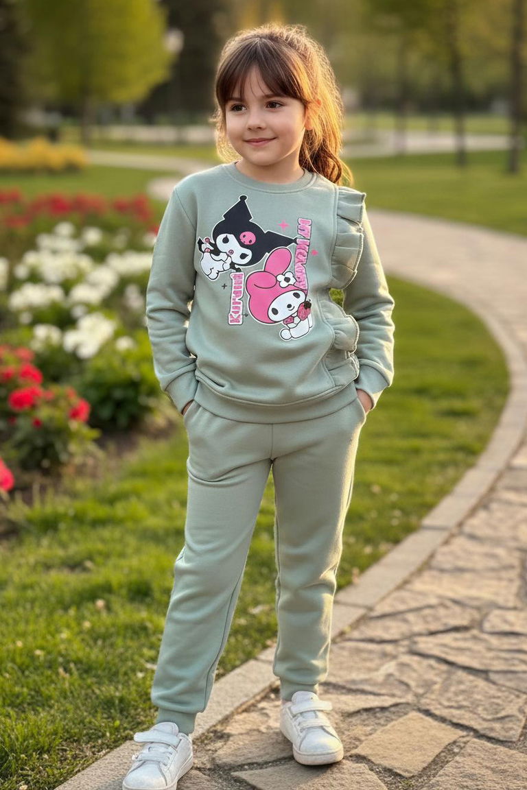 Kız Çocuk Mint Baskılı Üç iplik Eşofman Takımı - 28154-MINT - TOFİSA