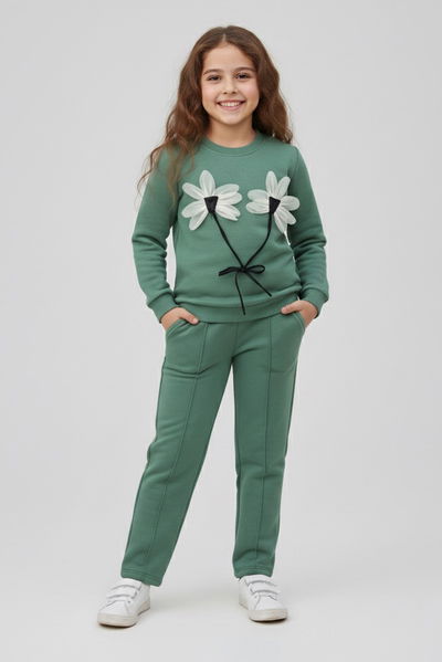 Kız Çocuk Mint Çiçek Detaylı Üç İplik Takım - 27958-MINT 