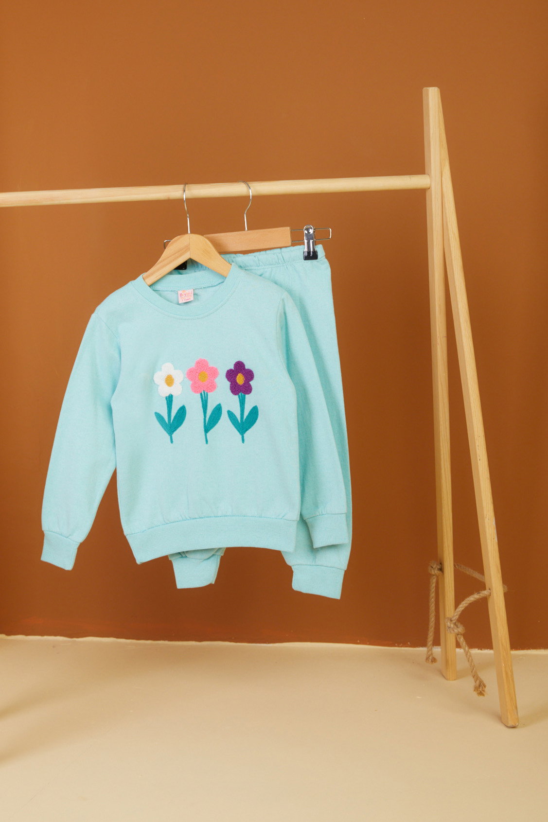 Kız Çocuk Mint Çiçek Nakışlı İkili Takım - 26549 - 1