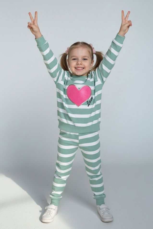 Kız Çocuk Mint Çizgili Nakışlı İki İplik İkili Takım - 28010-MINT - TOFİSA