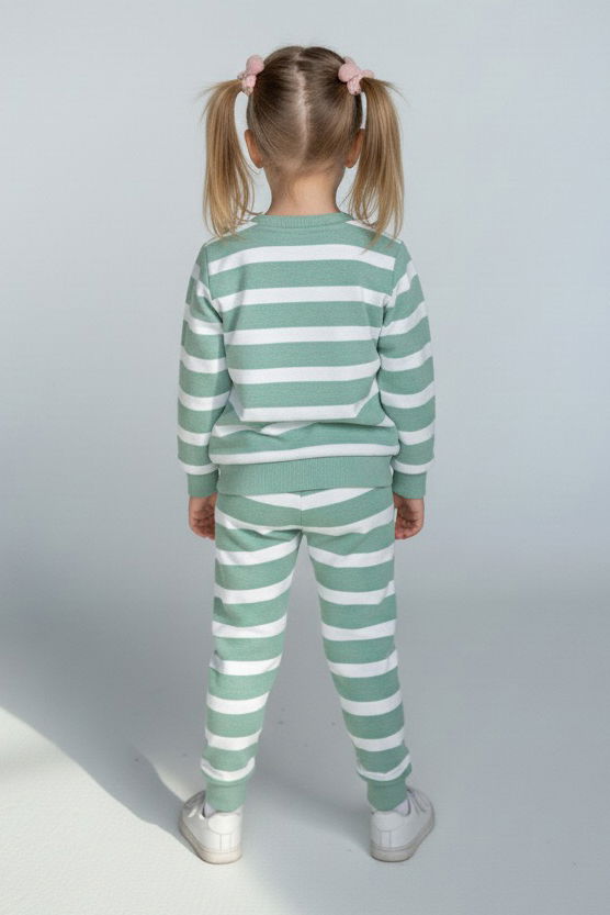 Kız Çocuk Mint Çizgili Nakışlı İki İplik İkili Takım - 28010-MINT - 2