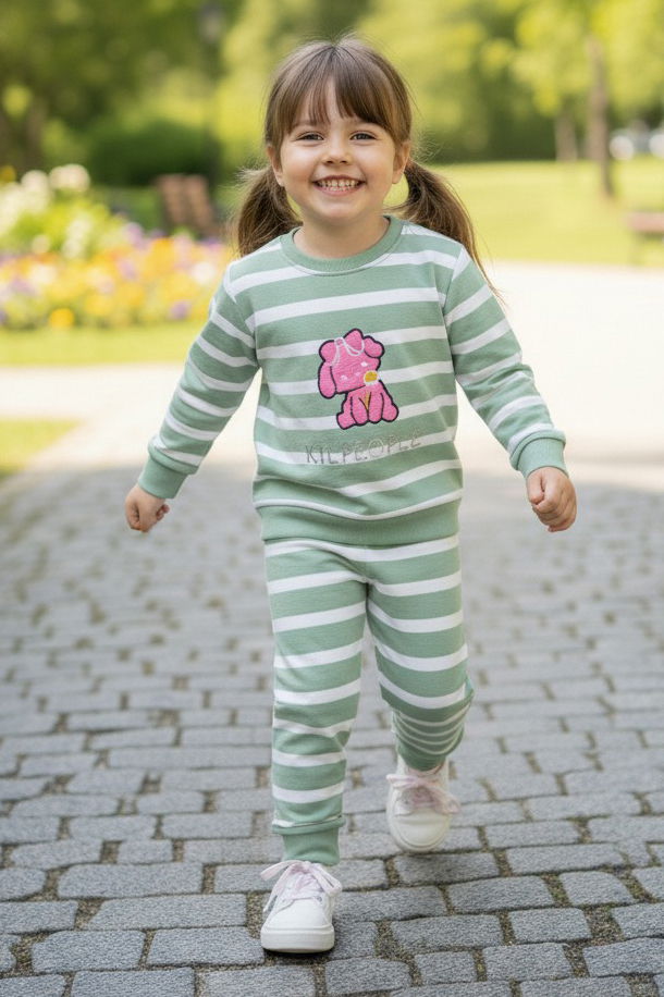 Kız Çocuk Mint Çizgili Nakışlı İki İplik İkili Takım - 28011-MINT - 1