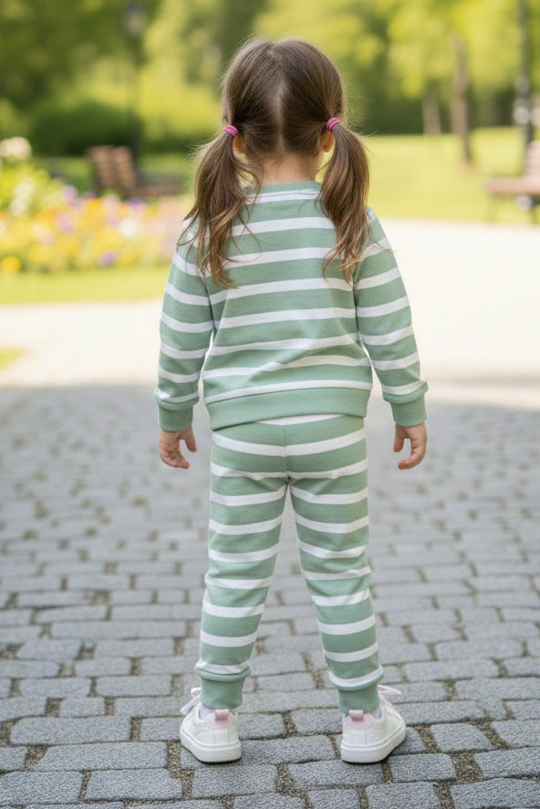 Kız Çocuk Mint Çizgili Nakışlı İki İplik İkili Takım - 28011-MINT - 2