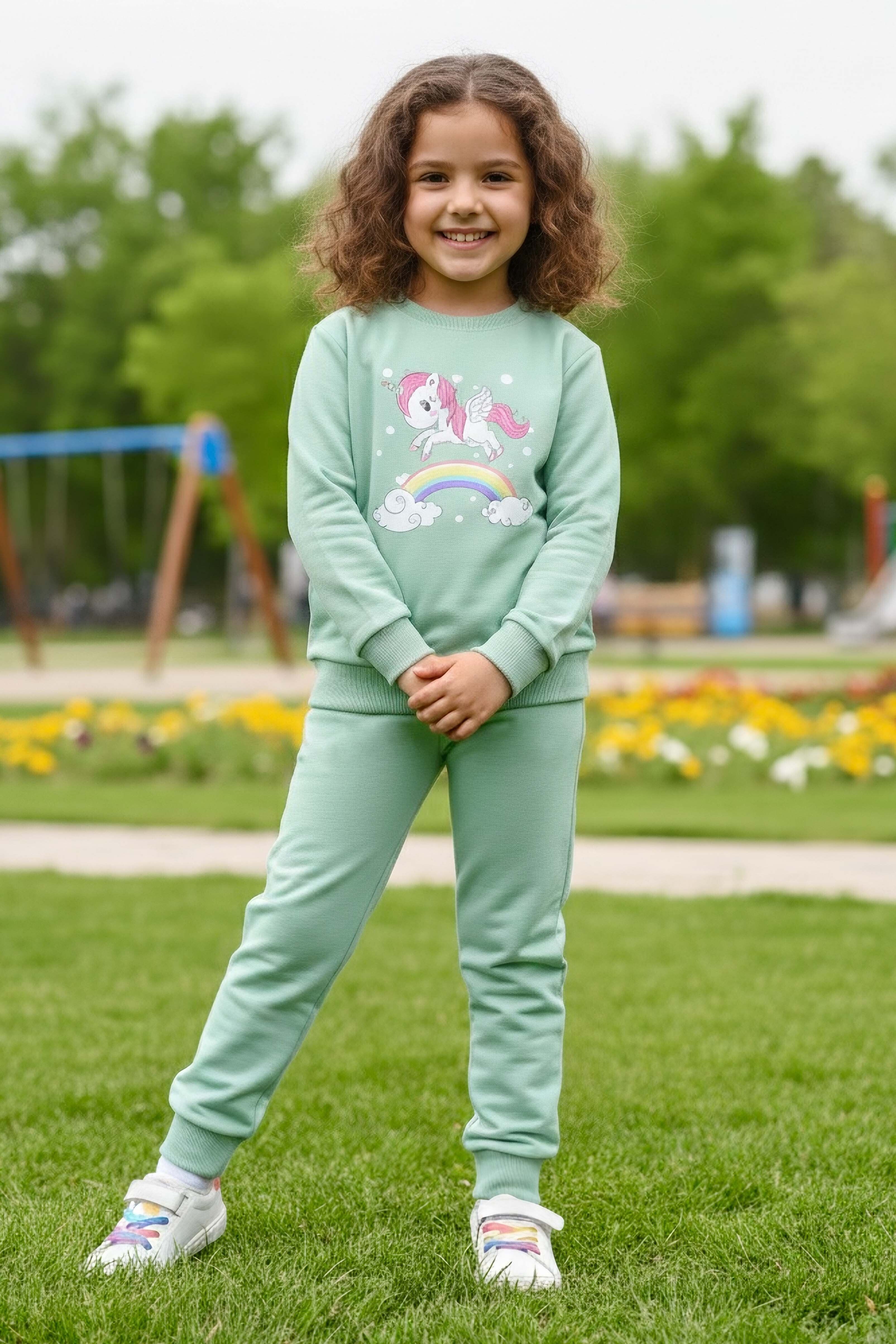 Kız Çocuk Mint Gök Kuşağı Baskılı İki İplik Takım - 28290-MINT - 1