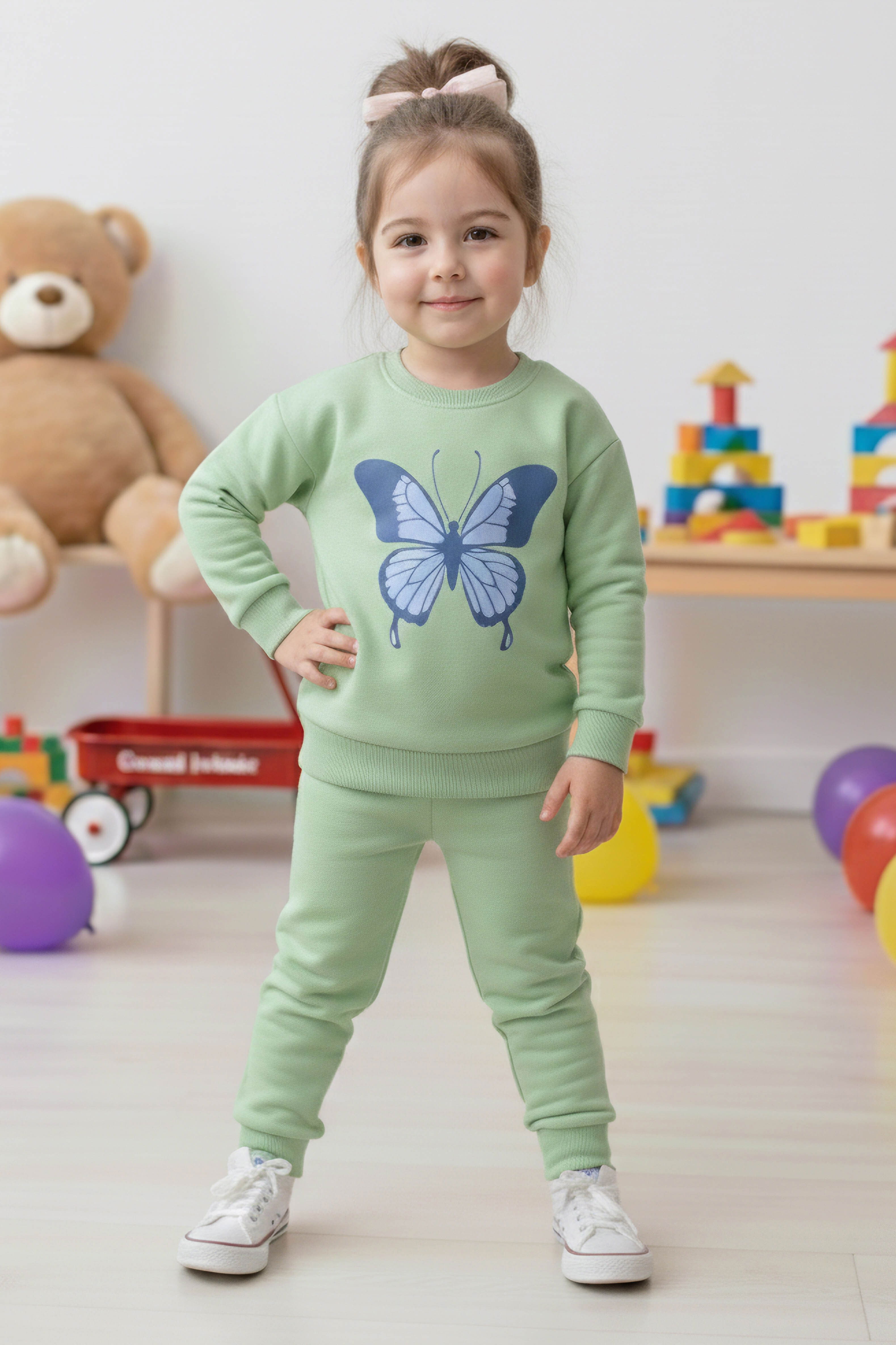 Kız Çocuk Mint Kelebek Baskılı İki İplik Takım - 28289-MINT - 1