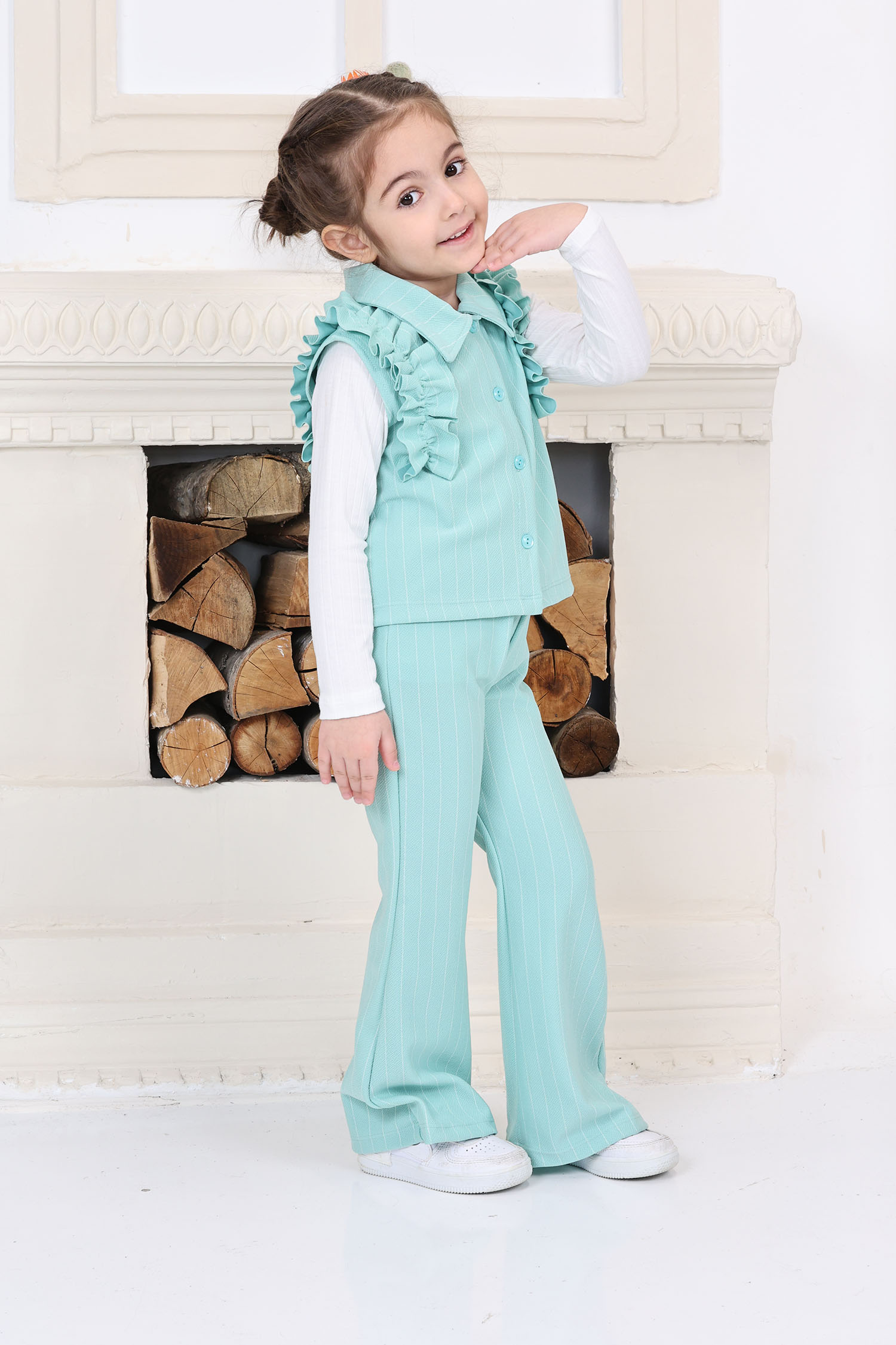 Kız Çocuk Mint Kız Çocuk Çizgili Omuz Detay Düğmeli Yelek ve Salaş Pantolon Alt Üst Takım - 26819 - 3