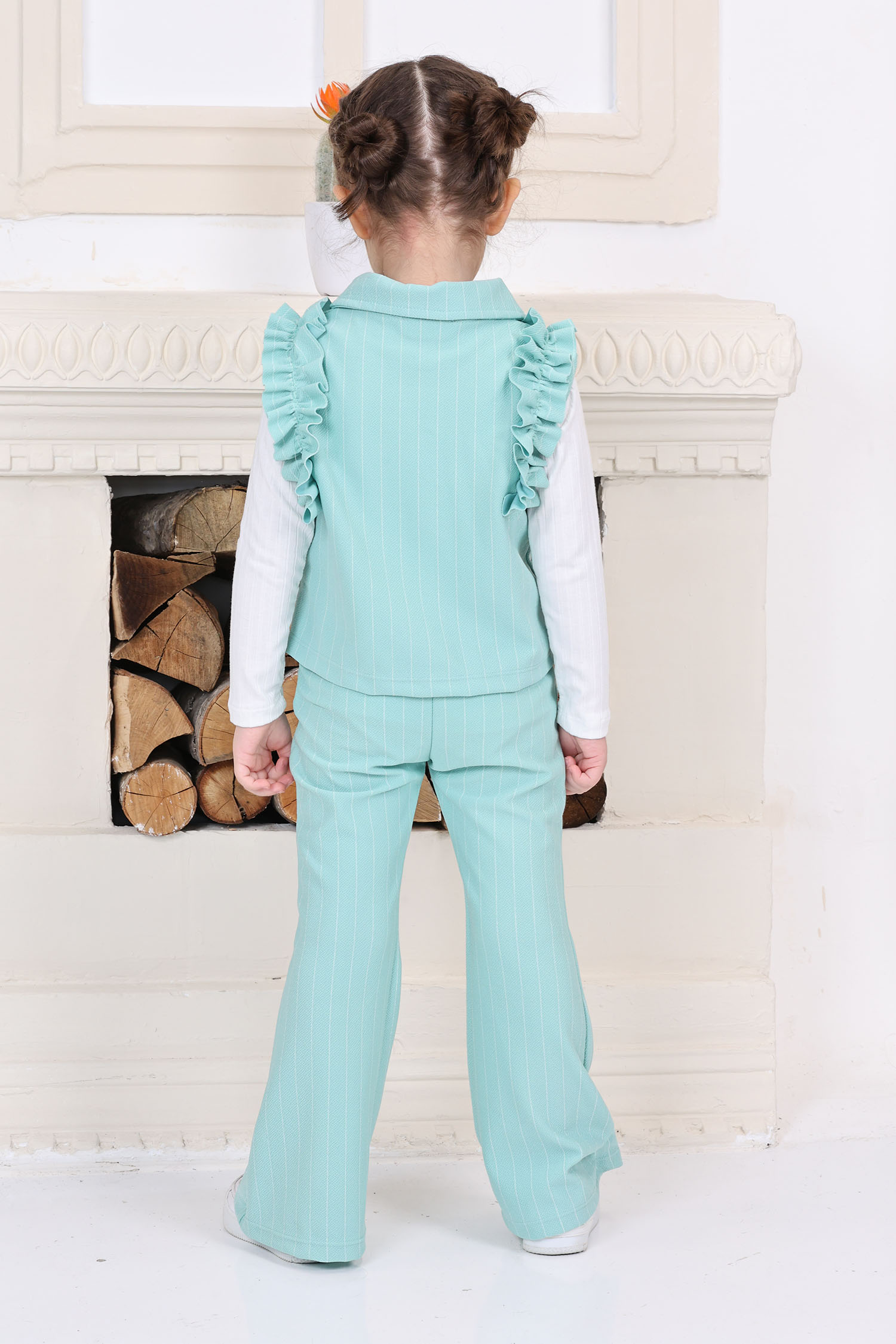 Kız Çocuk Mint Kız Çocuk Çizgili Omuz Detay Düğmeli Yelek ve Salaş Pantolon Alt Üst Takım - 26819 - 4