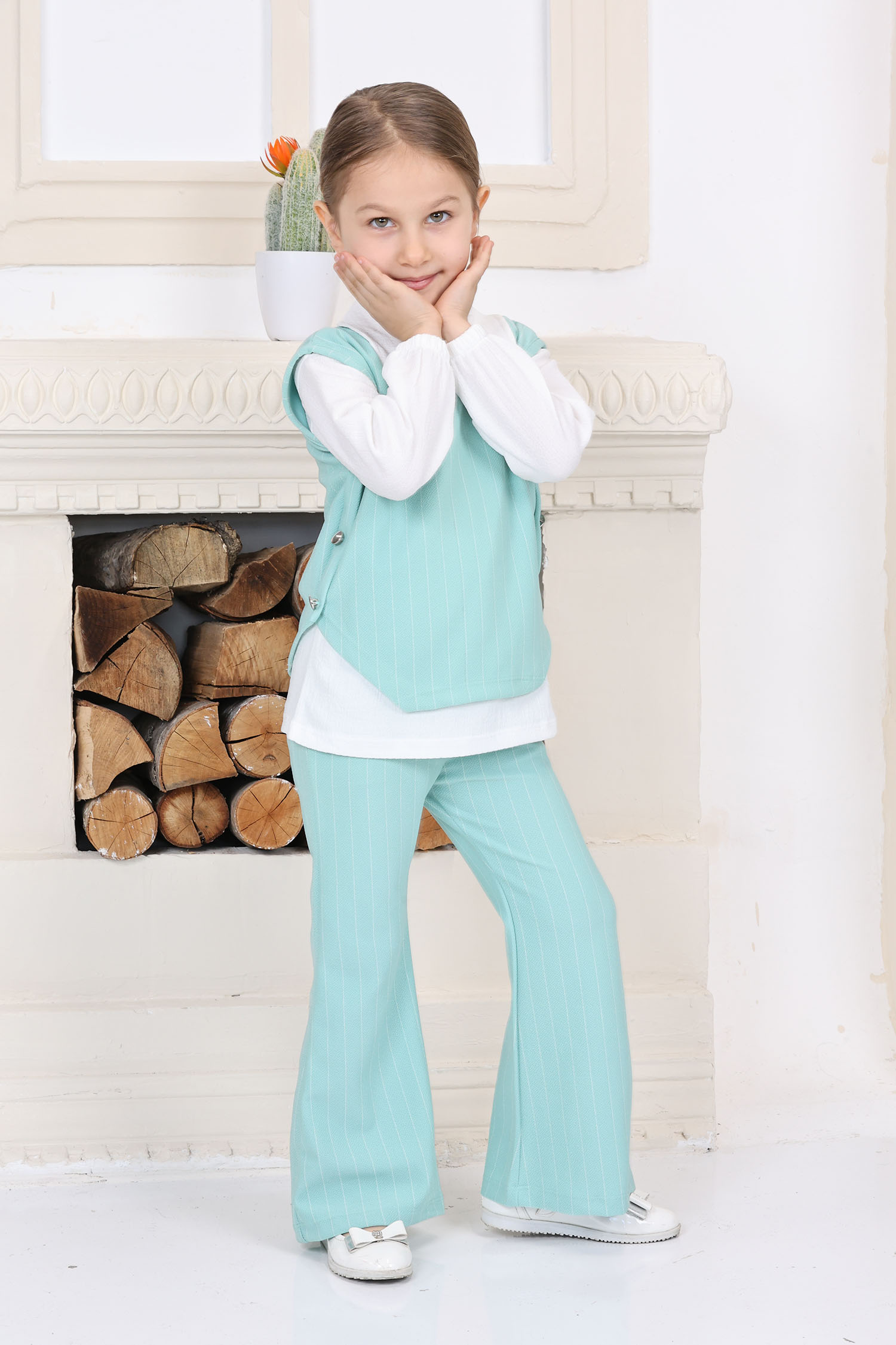 Kız Çocuk Mint Kız Çocuk Yanı Bağlamalı Süveter Gömlek ve Pantolon Üçlü Alt Üst Takım - 26814 - 1