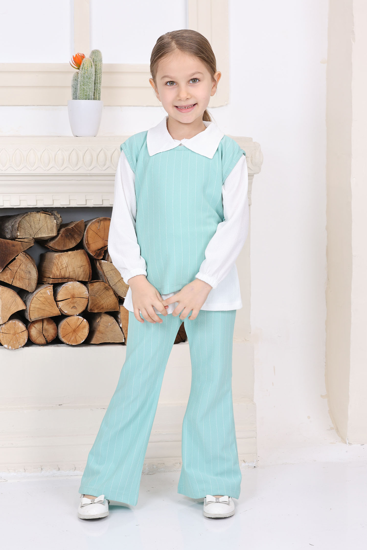 Kız Çocuk Mint Kız Çocuk Yanı Bağlamalı Süveter Gömlek ve Pantolon Üçlü Alt Üst Takım - 26814 - 2