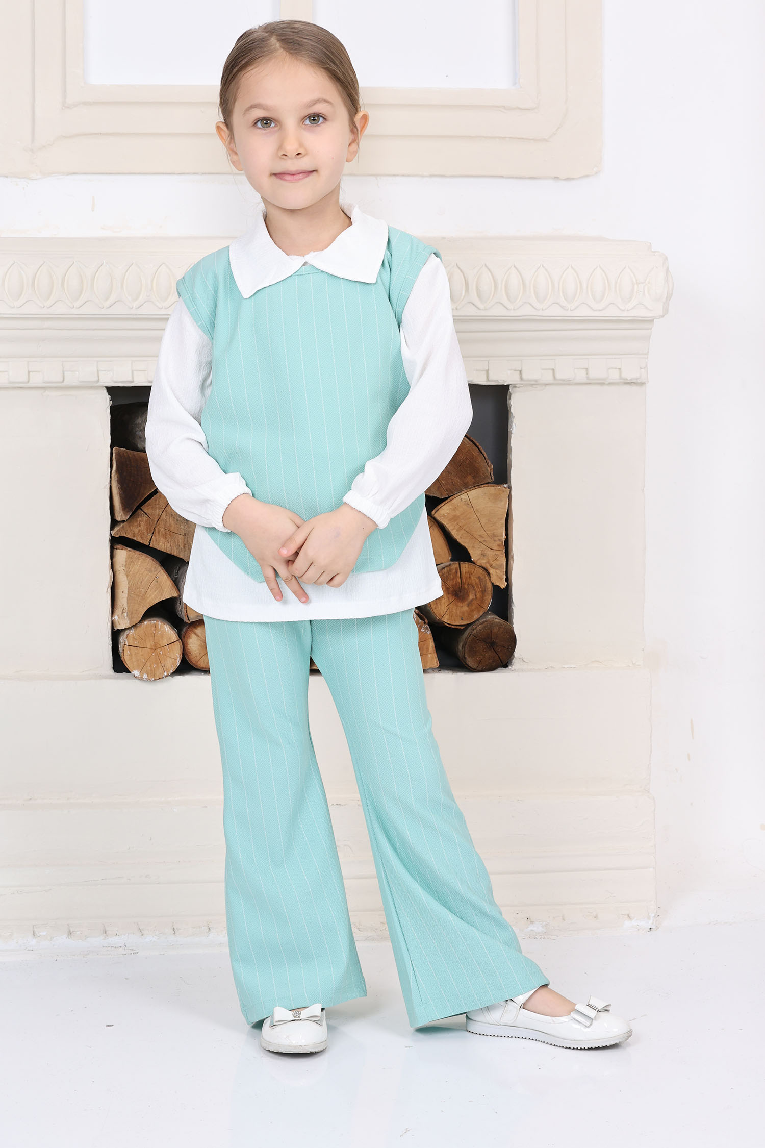 Kız Çocuk Mint Kız Çocuk Yanı Bağlamalı Süveter Gömlek ve Pantolon Üçlü Alt Üst Takım - 26814 - 4