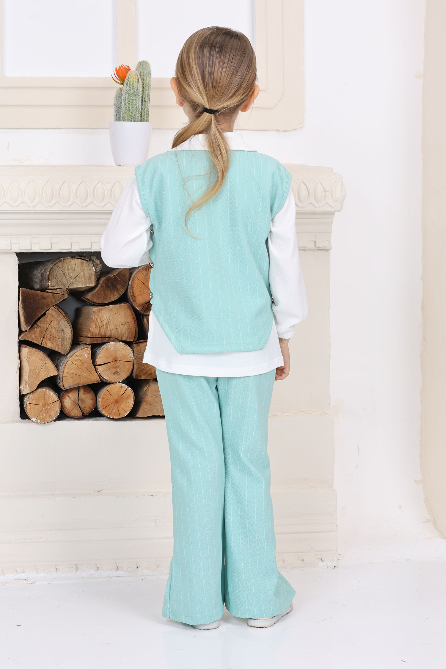 Kız Çocuk Mint Kız Çocuk Yanı Bağlamalı Süveter Gömlek ve Pantolon Üçlü Alt Üst Takım - 26814 - 5