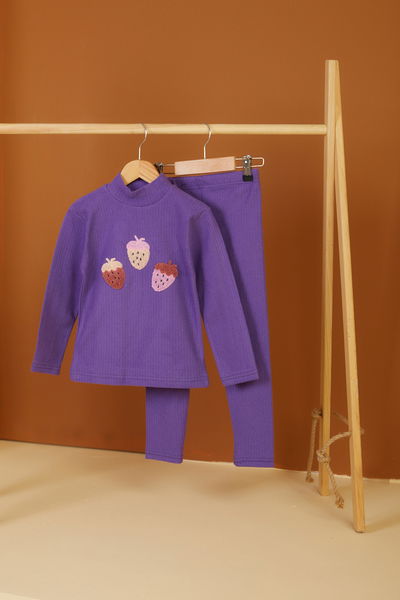 Kız Çocuk Mor Çilek Nakışlı İkili Takım - 26552 