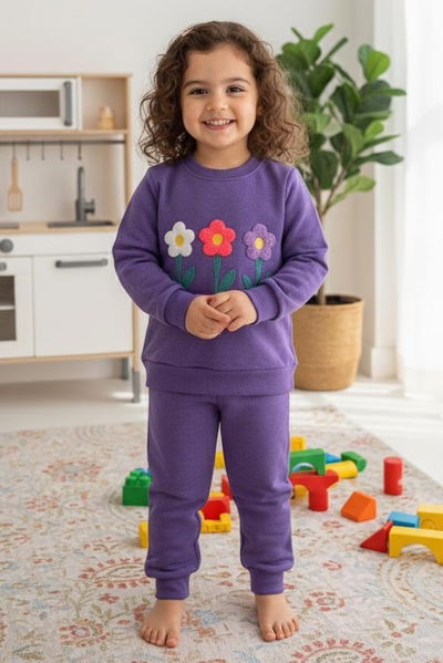 Kız Çocuk Mor Nakışlı İki İplik İkili Takım - 27972-MOR 