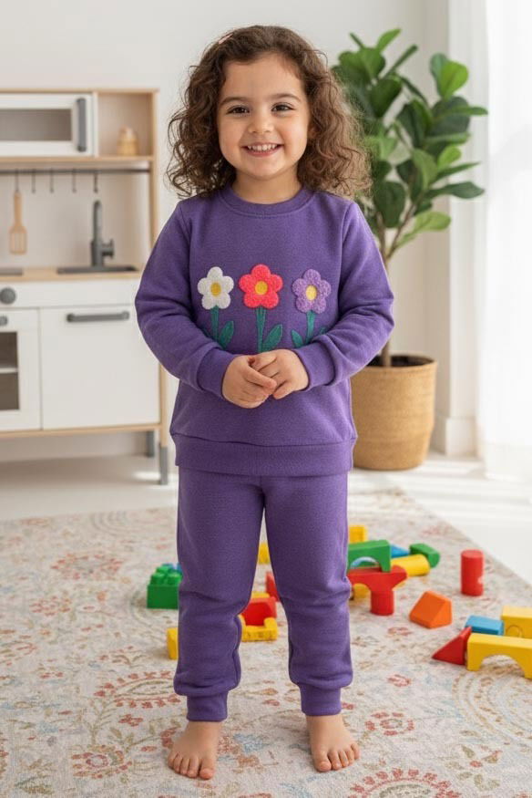 Kız Çocuk Mor Nakışlı İki İplik İkili Takım - 27972-MOR - TOFİSA