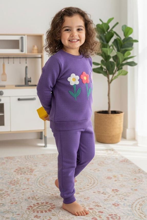 Kız Çocuk Mor Nakışlı İki İplik İkili Takım - 27972-MOR - TOFİSA