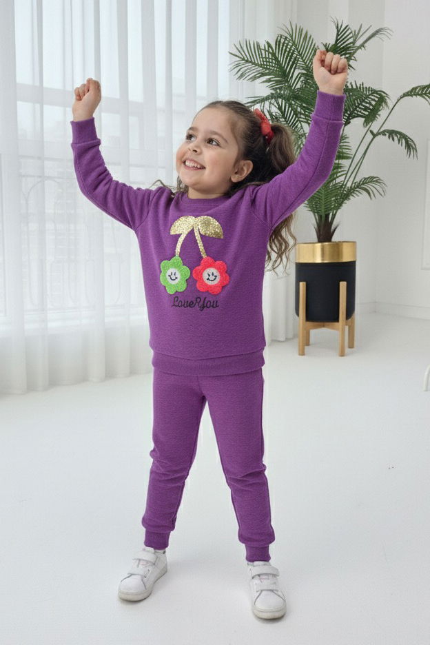 Kız Çocuk Mor Nakışlı İki İplik İkili Takım - 27973-MOR - TOFİSA