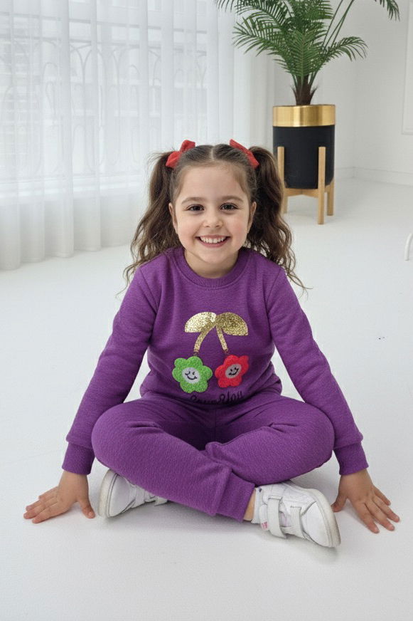 Kız Çocuk Mor Nakışlı İki İplik İkili Takım - 27973-MOR - TOFİSA
