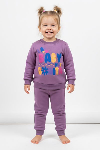 Kız Çocuk Mürdüm Baskılı Üç İplik Şardonlu Takım - 27964-MURDUM 