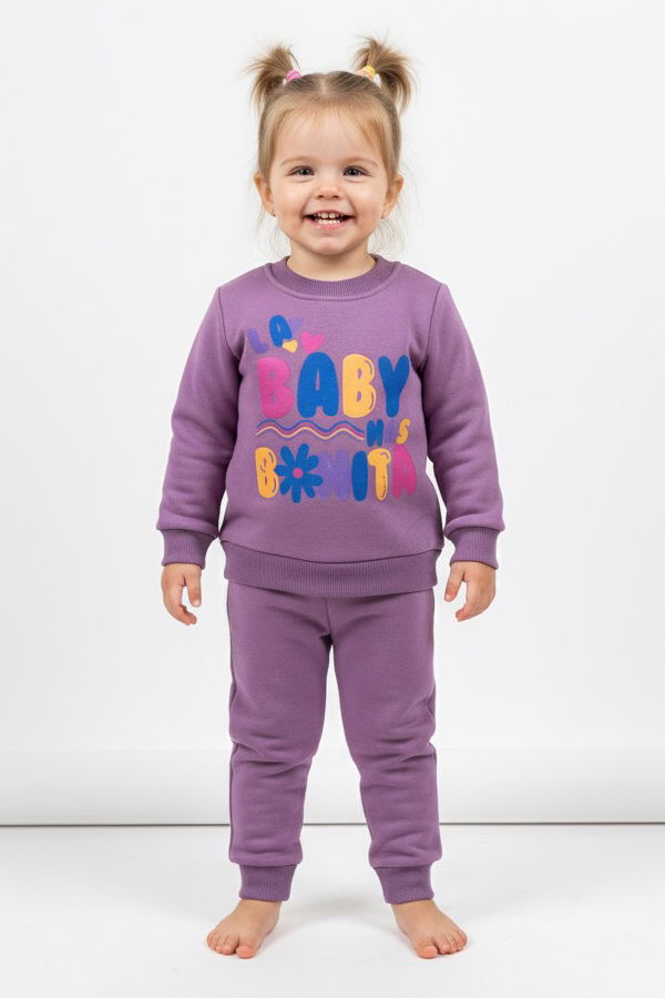 Kız Çocuk Mürdüm Baskılı Üç İplik Şardonlu Takım - 27964-MURDUM - TOFİSA