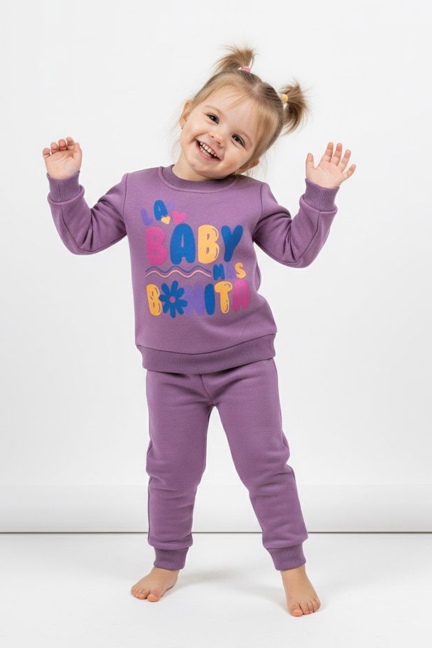 Kız Çocuk Mürdüm Baskılı Üç İplik Şardonlu Takım - 27964-MURDUM - TOFİSA