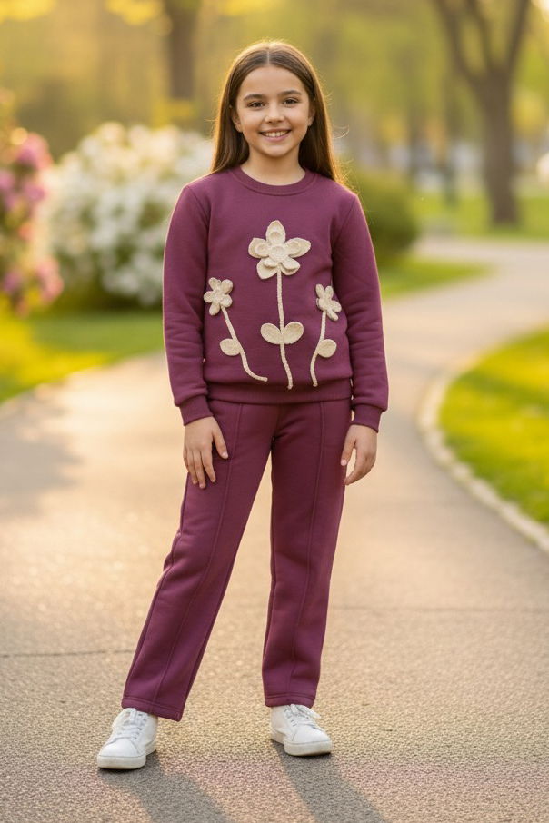 Kız Çocuk Mürdüm Çiçek Nakış Detaylı Üç İplik Takım - 27956-MURDUM - TOFİSA