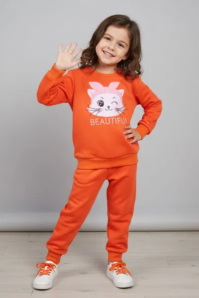 Kız Çocuk Oranj Baskılı Eşofman Takımı - 28175-ORANJ 