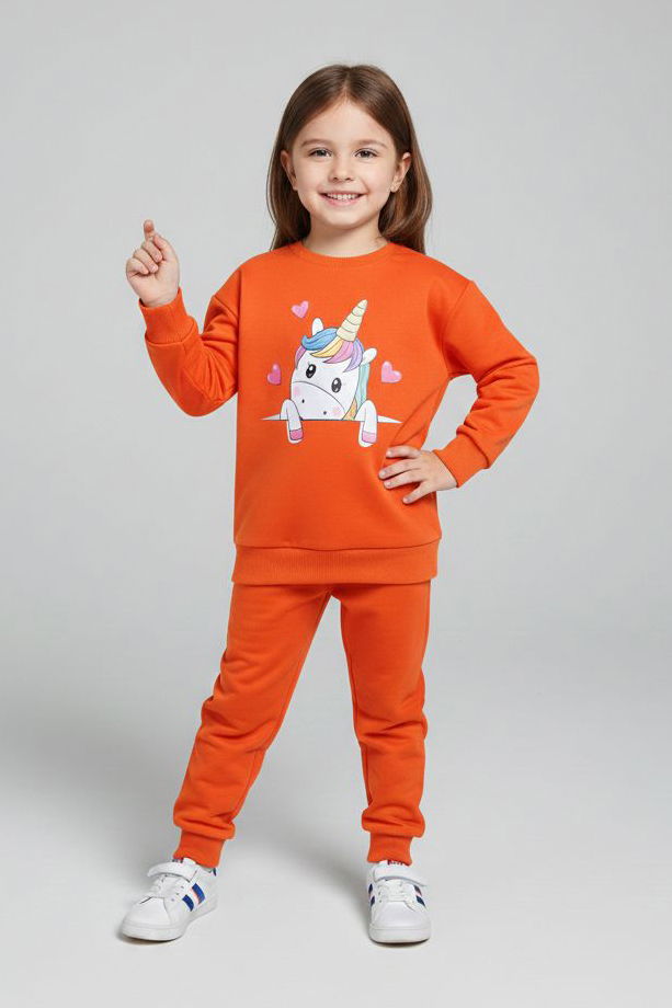 Kız Çocuk Oranj Baskılı Eşofman Takımı - 28176-ORANJ - TOFİSA