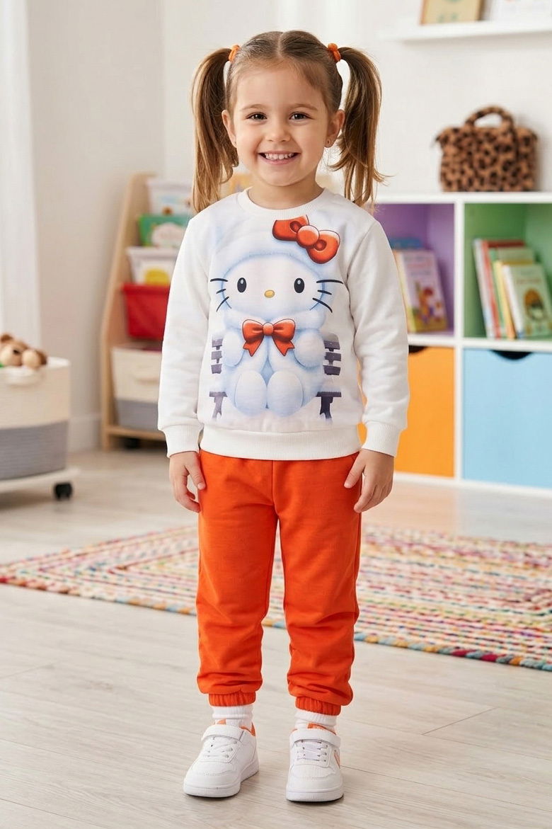 Kız Çocuk Oranj Baskılı İki İplik Çocuk Pijama Takımı - 28347-ORANJ - 1