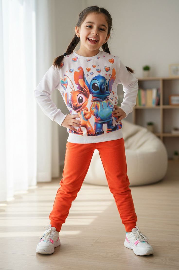 Kız Çocuk Oranj Baskılı Pijama Takımı - 28246-ORANJ - 1