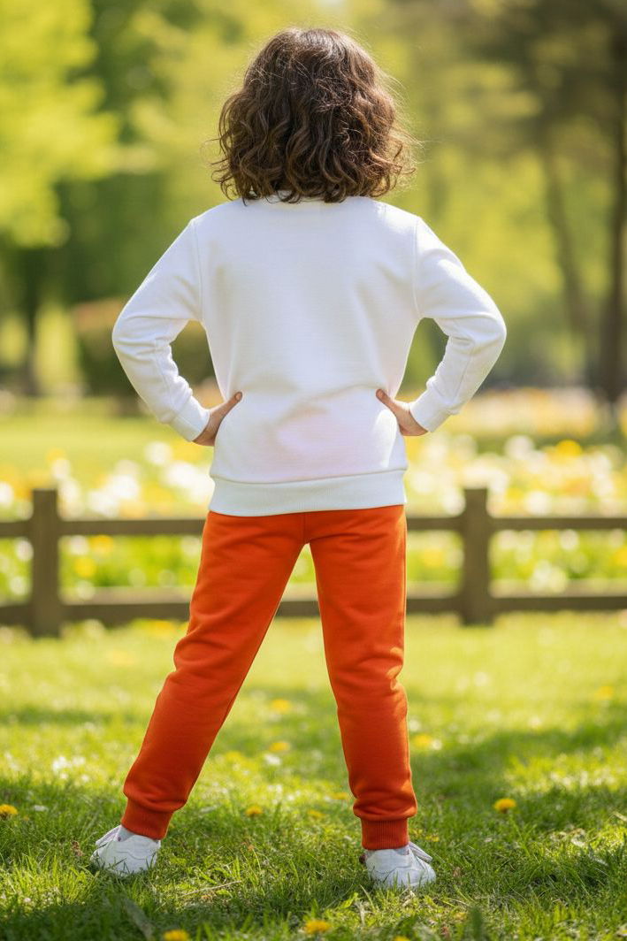 Kız Çocuk Oranj Baskılı Şardonlu Pijama Takımı - 28236-ORANJ - 2