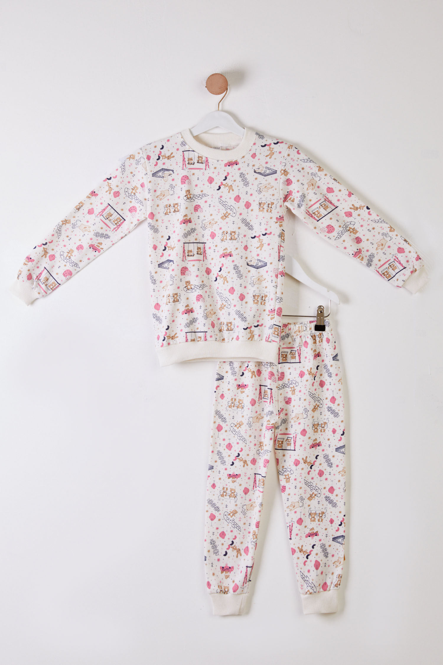 Kız Çocuk Pembe Baskılı Pijama Takımı - 26309 - 1