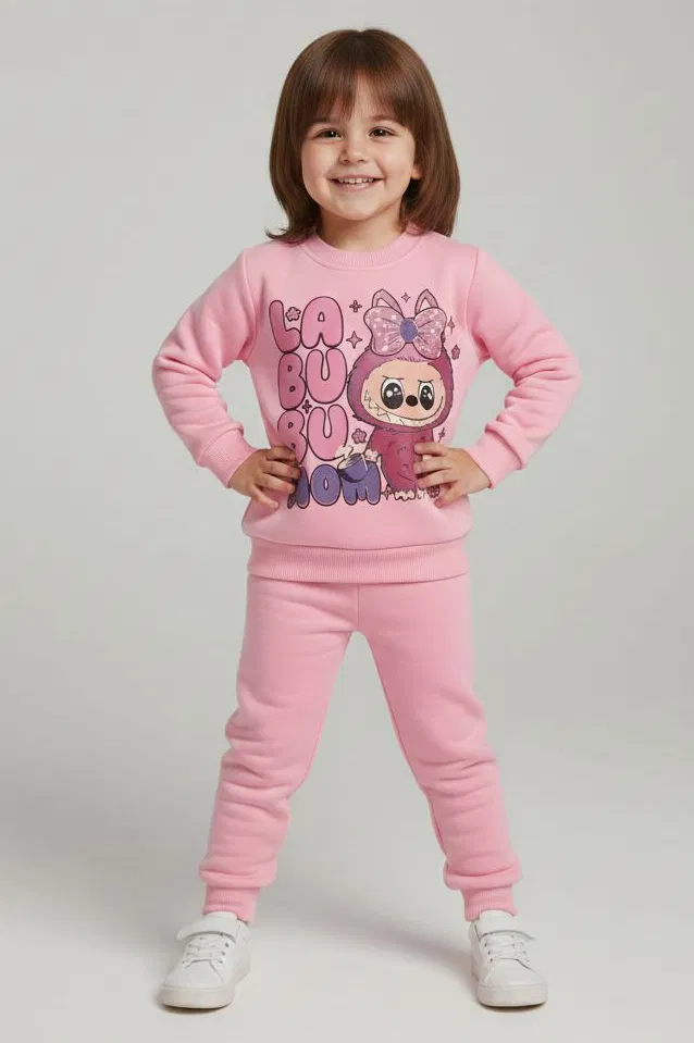 Kız Çocuk Pembe Baskılı Şardonlu Pijama Takımı - 28099-PEMBE - 1