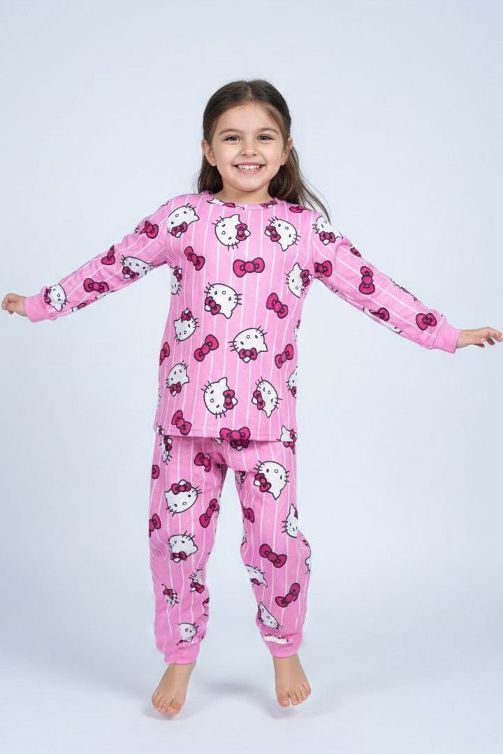 Kız Çocuk Pembe Baskılı Süet Pijama Takımı - 28229-PEMBE - 1
