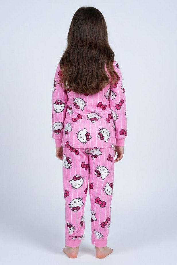 Kız Çocuk Pembe Baskılı Süet Pijama Takımı - 28229-PEMBE - 2