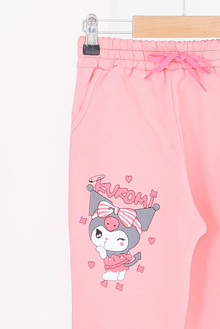 Kız Çocuk Pembe Beli Lastikli Baskılı Penye Eşofman Altı - 27687 - TOFİSA