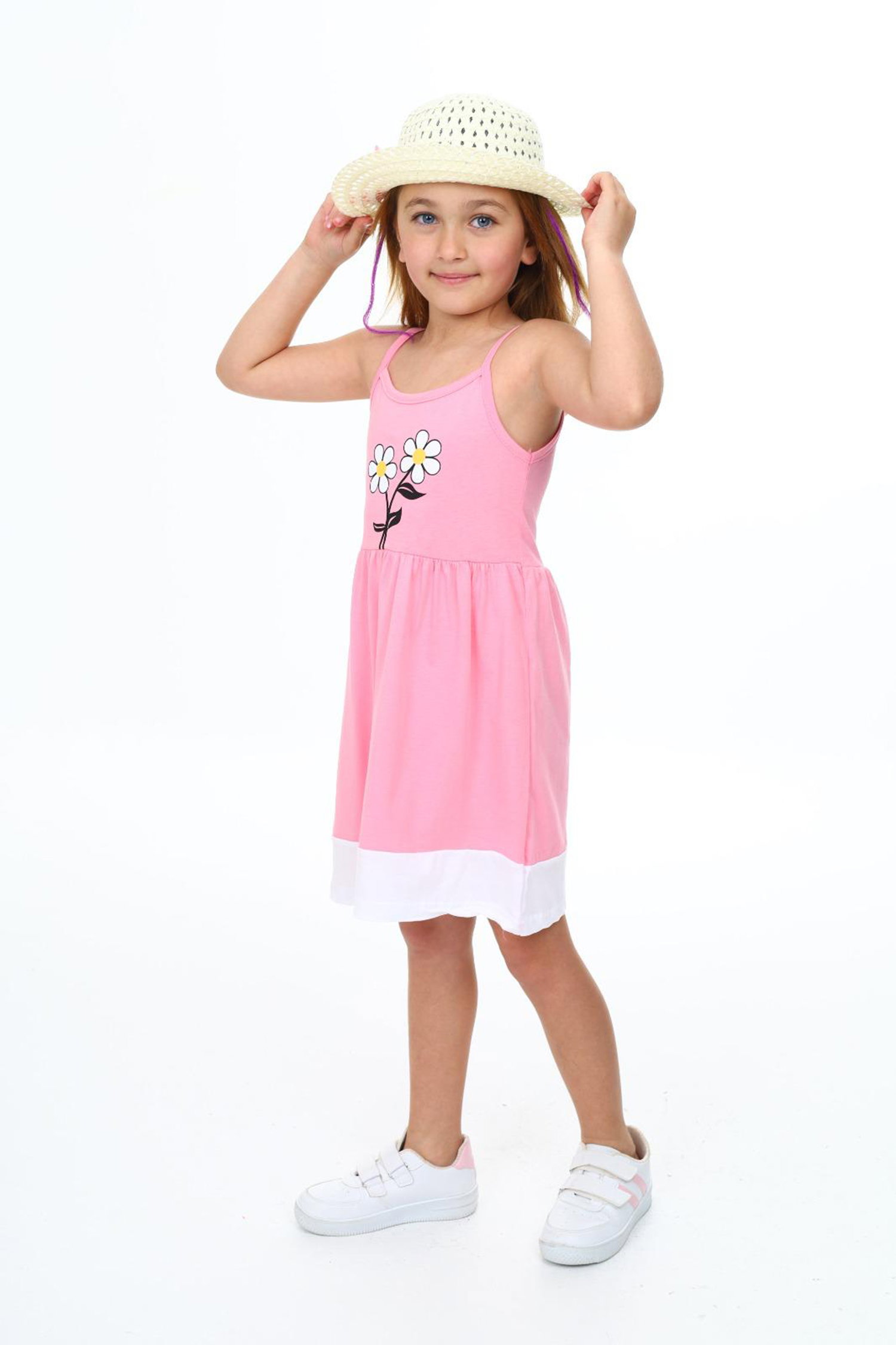 Kız Çocuk Pembe Çicek Baskılı Elbise - 25771 - 1