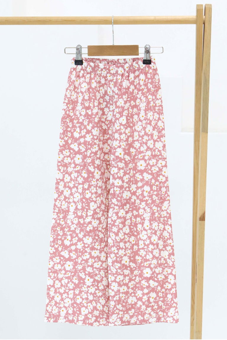 Kız Çocuk Pembe Çiçek Desenli Pantolon - 27308 - TOFİSA