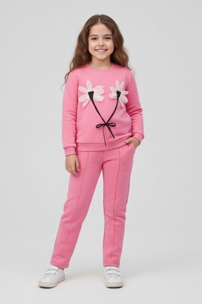 Kız Çocuk Pembe Çiçek Detaylı Üç İplik Takım - 27958-PEMBE 