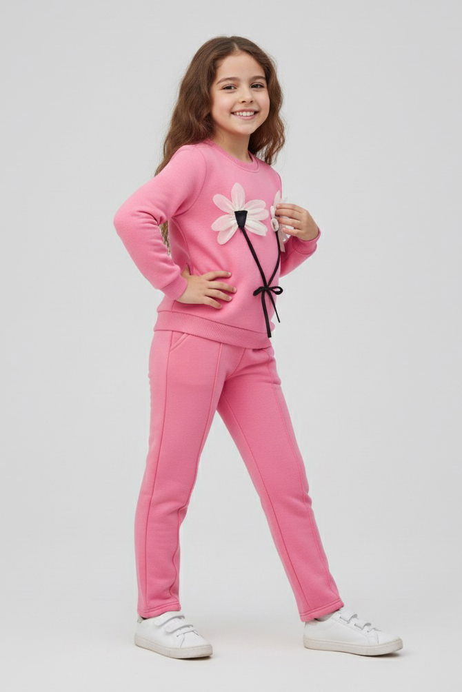Kız Çocuk Pembe Çiçek Detaylı Üç İplik Takım - 27958-PEMBE - 2