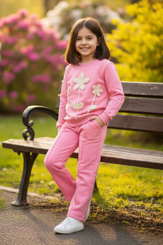 Kız Çocuk Pembe Çiçek Nakış Detaylı Üç İplik Takım - 27956-PEMBE