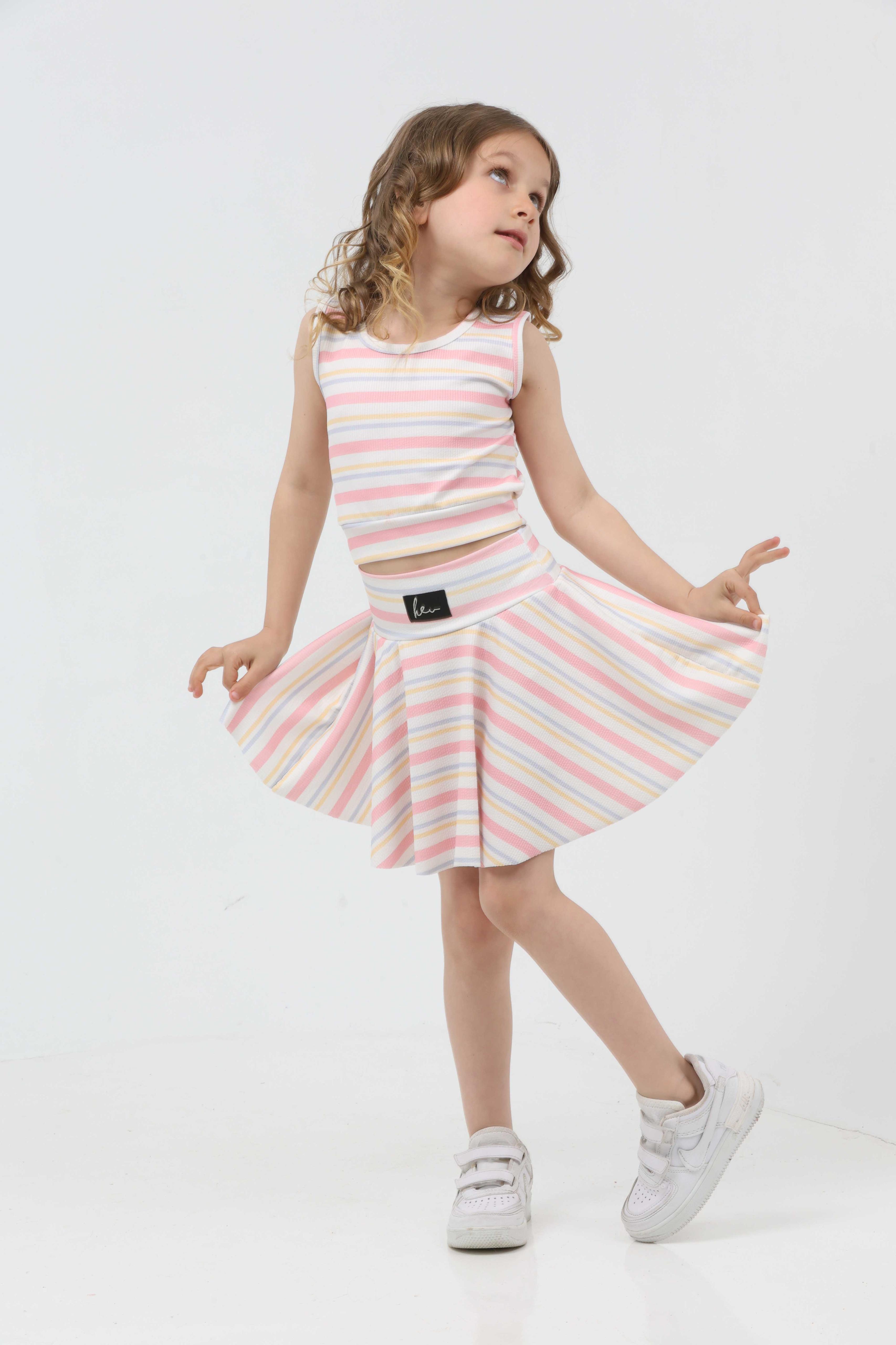 Kız Çocuk Pembe Çizgili Etekli Takım - 27225 - 1