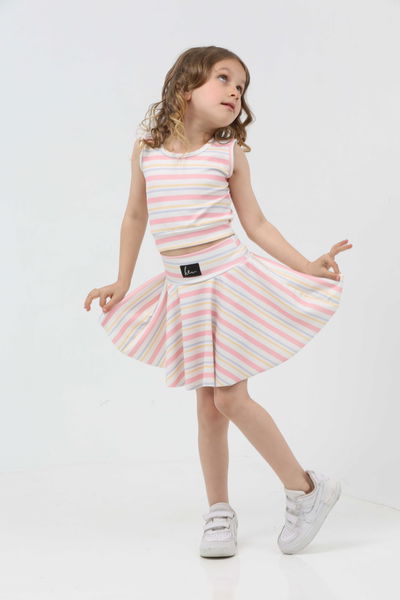 Kız Çocuk Pembe Çizgili Etekli Takım - 27225 