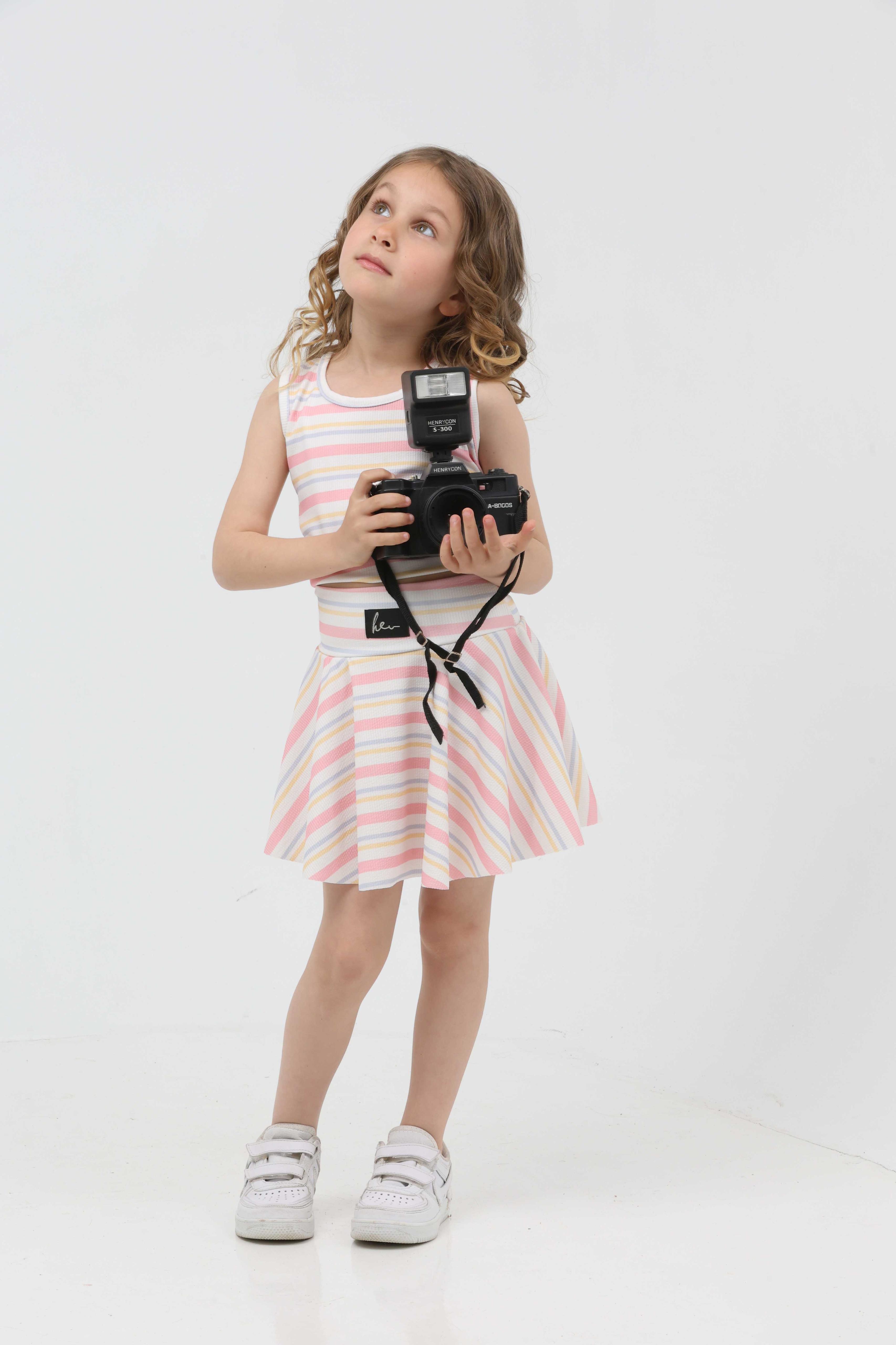 Kız Çocuk Pembe Çizgili Etekli Takım - 27225 - 2