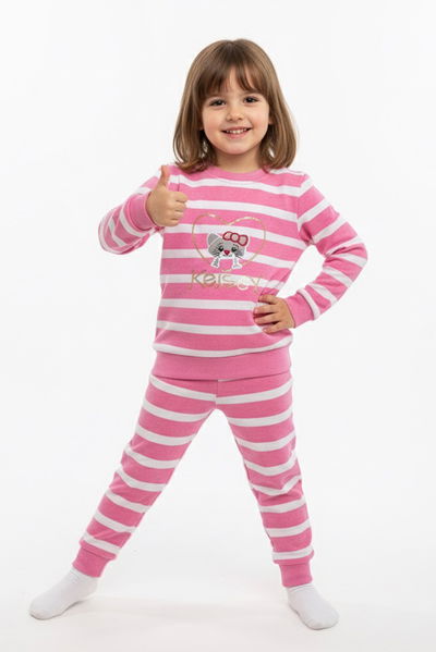 Kız Çocuk Pembe Çizgili Nakışlı İki İplik İkili Takım - 27976-PEMBE 