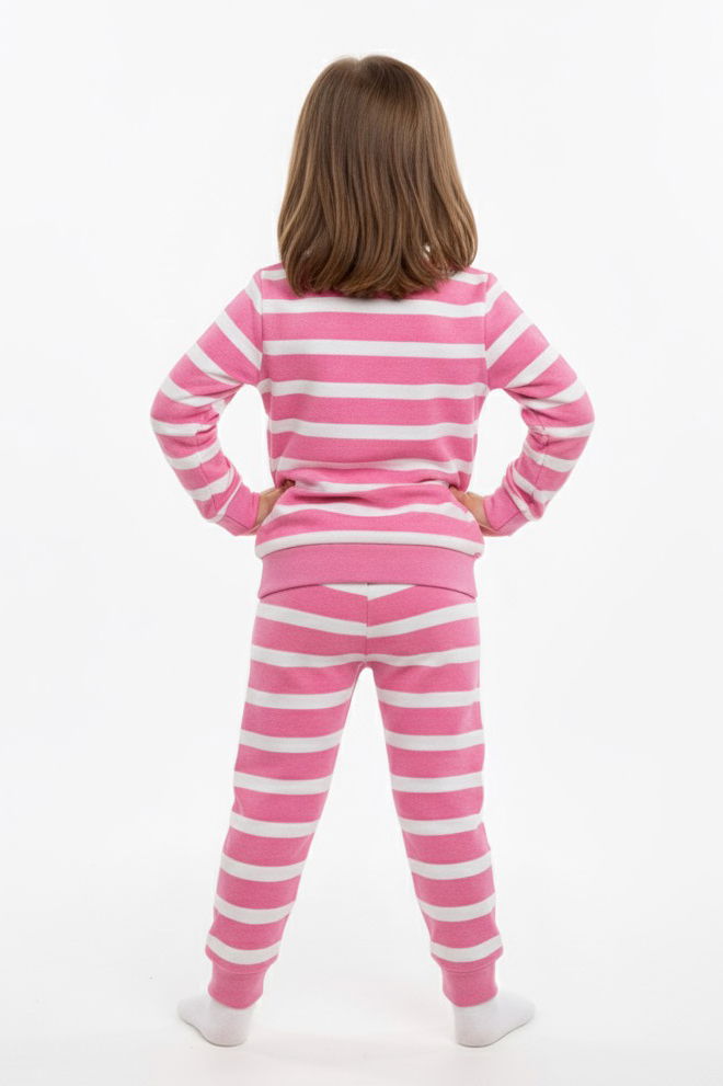 Kız Çocuk Pembe Çizgili Nakışlı İki İplik İkili Takım - 27976-PEMBE - TOFİSA