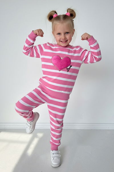 Kız Çocuk Pembe Çizgili Nakışlı İki İplik İkili Takım - 28010-PEMBE 